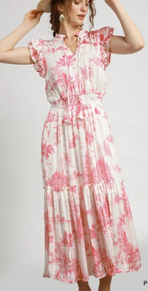 Pink Landscape Print Midi Dress