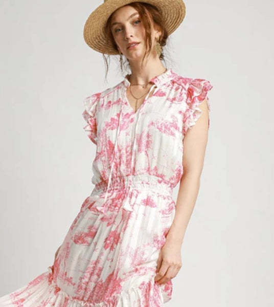 Pink Landscape Print Midi Dress