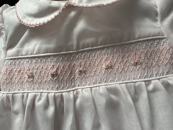 Pink Gown with Tiny Rossettes in Smocking Elastic Bottom