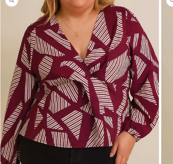 Burgundy Stripe & Geo Wrap Blouse