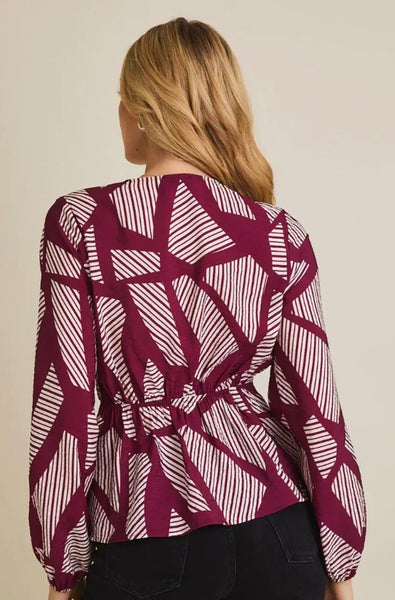 Burgundy Stripe & Geo Wrap Blouse
