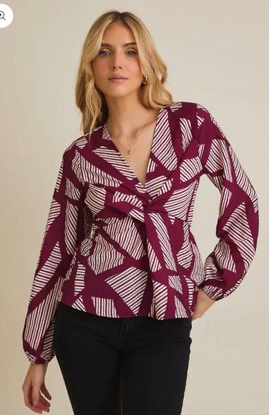 Burgundy Stripe & Geo Wrap Blouse