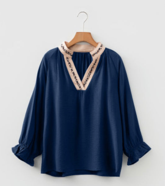 Midnight Blue Embroidered Trim Top