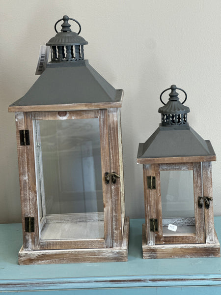 Distressed Wood Lanterns with Black Tops (2 Sizes)