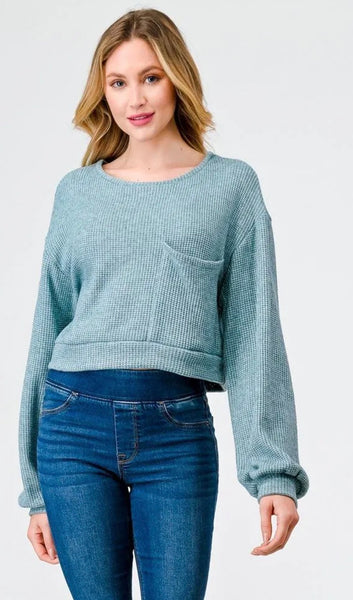 Seafoam Waffle-Knit Pocket Sweater