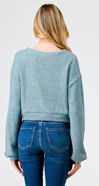 Seafoam Waffle-Knit Pocket Sweater