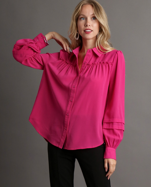 Button Down Blouse with Ruffles and Mini Pleats on Sleeve