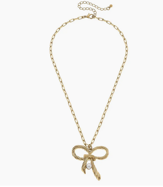 Gold Bows and Pearls Link Necklace